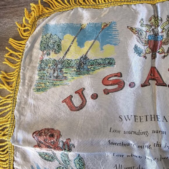 Vintage U.S. Army Camp McCoy WI Silk Satin Sweetheart Pillow Cover Fringe - Picture 7 of 10